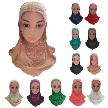 От 2 до 6 години на Мюсюлманския Детски Хиджаб За момичета, Цели Шапка Амиры, Дантелени Hijabs с Кристали, Ислямски Молитвен Шал, Шал, Обвивка, Арабски Шал, Шапка