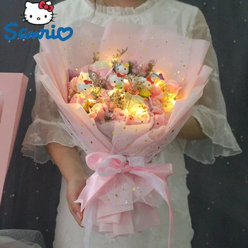 Аниме Hello Kitty Букет My Melody Cinnamoroll Kuromi Kawaii Led Светлина Плюшени Играчки Плюшено Букет Цветя За Момичета, Детски Подарък