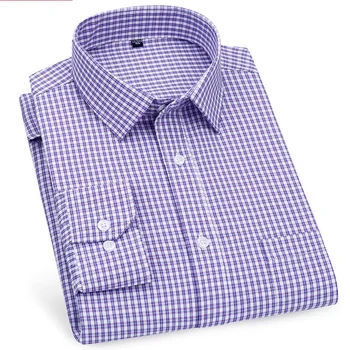 Висококачествени Мъжки Ежедневни Бизнес Риза С Дълги Ръкави В Класическата Лента В Клетката, Мъжки Социални Ризи, Виолетово-Сини Евтини