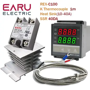 Цифров PID Регулатор на Температурата Термостат REX-C100 + Макс 40A SSR SSR-40DA Реле + K Термопара M6 1 М, Сонда с Теплоотводом