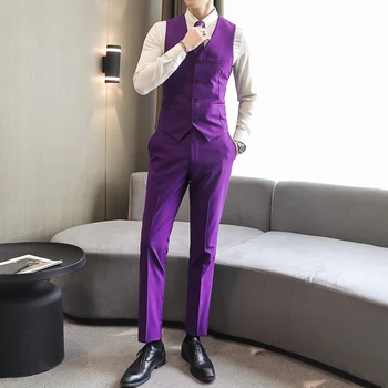 Мъжки бизнес Обикновен костюм от две части за мъжки моден бутик, оборудвана бяло, лилаво сватбен костюм (жилетка + панталони)