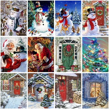 Направи си САМ 5d Диамантена Картина на Вратата Снежна Сцена Коледен Снежен човек Дърво Диамантена Бродерия на кръстат бод Комплект Мозайка от Планински Кристал Коледа