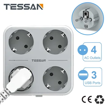 TESSAN Power Strip ЕС Разклонител с Ключ 4 Слота 3 USB Порта Няколко Европейски Контакти Адаптер за Дома