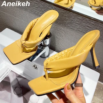 Aneikeh/Новост 2023 г.; дамски джапанки; летни джапанки с отворени пръсти на Тънък Плиссированном Висок ток, 35-42; Модни дамски официални обувки без закопчалка в стил пънк