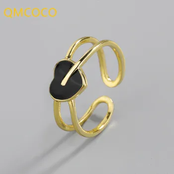 QMCOCO Корейски Нов Сребърен Цвят Черен Пръстен във Формата На Сърце INS Стил с Неправилна Форма Двухслойное Пръстен За Жени В Стил Пънк Изискани Аксесоари
