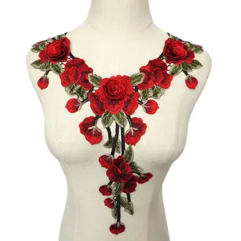 Плат Червена Роза 3D Цветя, Листа Бродирани Сватбени Апликация Яка Шият Ленти За Рокли направи си САМ Украса