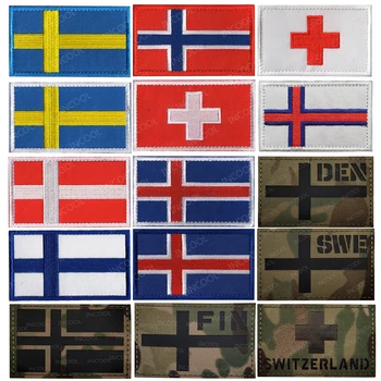 Швеция, Норвегия, Дания, Исландия, Финландия, Швейцария, Национален Флаг Бродирани IR Светлоотразителни Ленти С Икони Бродерия на Знамена в Европа