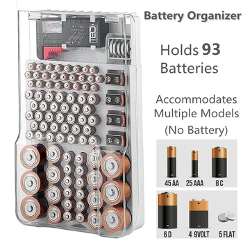 Органайзер за батерии и тестер с капачка Органайзер за съхранение на акумулаторни батерии и калъф да се настанят 93 батерии с различни размери Калъф за батерии