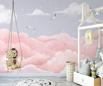 Тапети по поръчка в скандинавски стил, ръчно рисувани, фантазийные облак, морски птици, декорация на детска стая, малки пресни розови стенописи от папие-маше