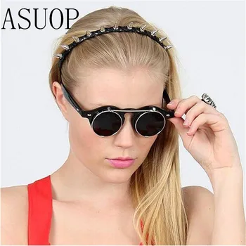 Модни steampunk слепи мъжки слънчеви очила с двойни лещи кръгли дамски слънчеви очила с UV400 класически ретро маркови очила