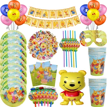 Аксесоари за детски рожден ден, тематичен комплект с изображение на Мечо Пух, Детско парти за рожден ден, на набор от консумативи, чаша, чиния, сламена покривка