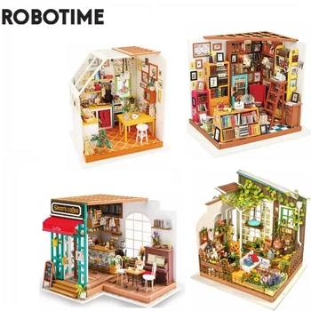Robotime САМ Къщата с Мебели Кабинет Simons Кафе Детска Куклена Къща За Възрастни Миниатюрни Куклена Къща Дървени Комплекти Играчка