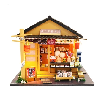 3D Дървен Куклена Къща в Японски Стил Магазин за Хранителни стоки Намалени с Мебели, направи си САМ Куклена Къща Комплект Играчки за Деца, Подарък за Рожден Ден