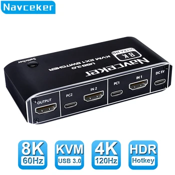Navceker 8K KVM switch HDMI-съвместим 4K 120Hz 2 Порта HD KVM Превключвател USB Box за общо монитор, Клавиатура и мишка, Принтер, КОМПЮТЪР