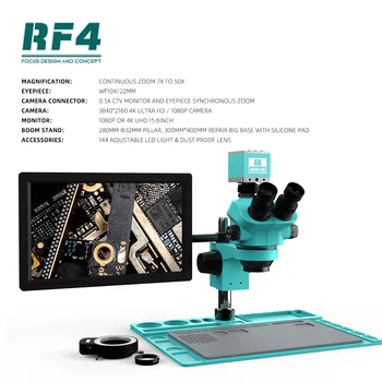RF4 7-50X Тринокулярный Стерео 4K, HDMI, USB Камера 15,6 инча Монитор Електронен Ремонт/Лаборатория/Бижутериен Микроскоп RF7050TVD2-M156