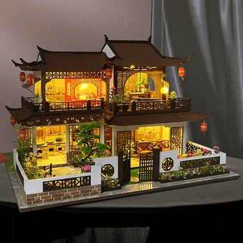 DIY Wooden Куклена Къща Миниатюрни Строителни Комплекти Китайската Вила Куклена Къща С Мебели Леки Големи Casa Играчки за Момичета Подарък За Рожден Ден