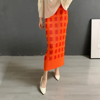 Дизайнерски дамски плиссированная пола Miyake design sense с оранжеви принтом, права пола със средна дължина, дълга пола