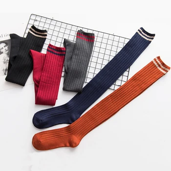 Дамски чорапи Пролет, лято, есен и зима, дълги чорапи над коляното с две ивици, ежедневни модни памучни чорапи в стил колеж